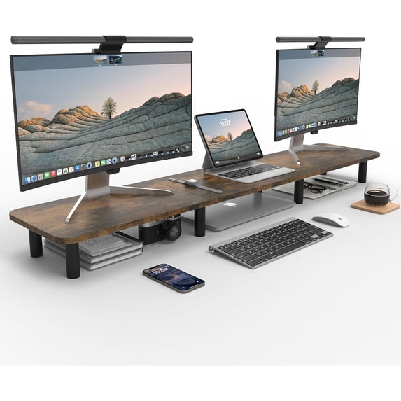 Dual monitor stand - Extra long and wide TV stand - Desktop riser - Office desk organization - Home office