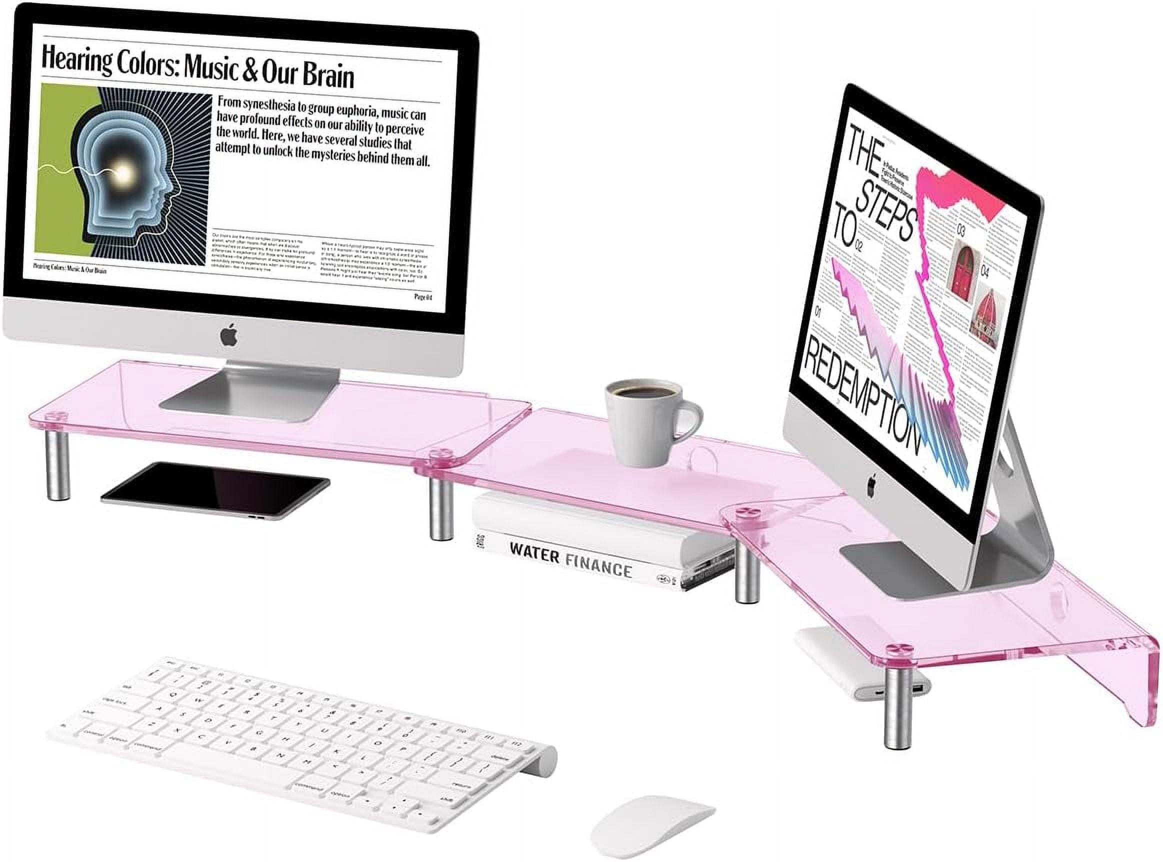 Dual monitor stand base, 3-layer pink acrylic monitor stand with anti-slip mat, adjustable length and angle, suitable for 2 monitors, desktop, laptop, , printer, TV screen (pink acrylic)