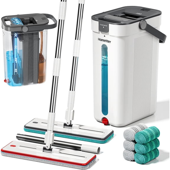 Dual-Mop and Bucket Set, 3-Tank Flat Mop System with Separate Dirty Clean Water, Wall Cleaner Mop, Mops for Floor Cleaning 6 Microfiber Pads