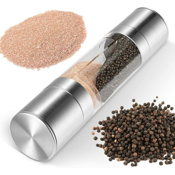 Dual salt & pepper mill set 2 in 1 pepper salt mill, sleek stainless steel with adjustable ceramic grinder, also as a large salt pepper shaker grinder