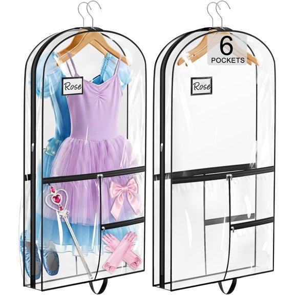 Dual-sided 6 Pockets Dance Garment Bags for Dancers, 40" Clear Dance Costume Bag for Dance Competition Garment Bag for Ballet, Outfits, Cheer Uniform, Dress, 2 Packs, Black