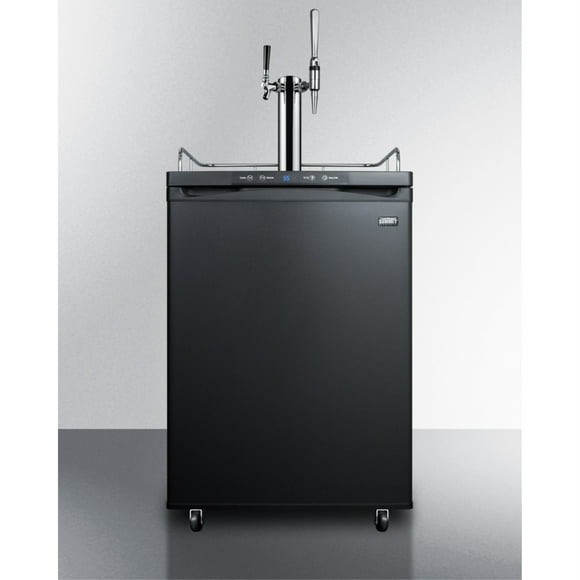 Dual tap coffee dispenser in black, with a combination nitro/flat coffee tap kit in stainless steel