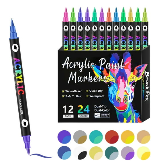 Dual-tip acrylic paint pens markers, premium acrylic paint markers, suitable for rocks, wood, fabric, glass, canvas and ceramic. Perfect gifts for painting and DIY crafts.(12Pcs 24 Colors)