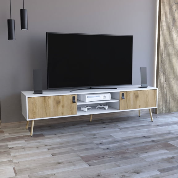 Dual - tone TV Stand with Hinged Drawers and Open Shelves / Ideal for 60 - 69 inch TVs in Living Spaces