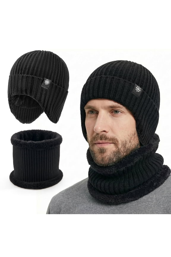 2 Pcs Men Winter Beanie Hat Casual Scarf Set for Men