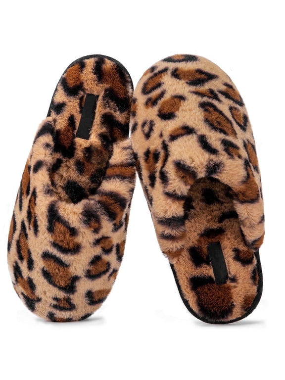 Women's Cozy Memory Foam Slip on Slippers Fluffy Lined House Shoes with Anti-Slip Indoor Outdoor, Leopard,7-8 US