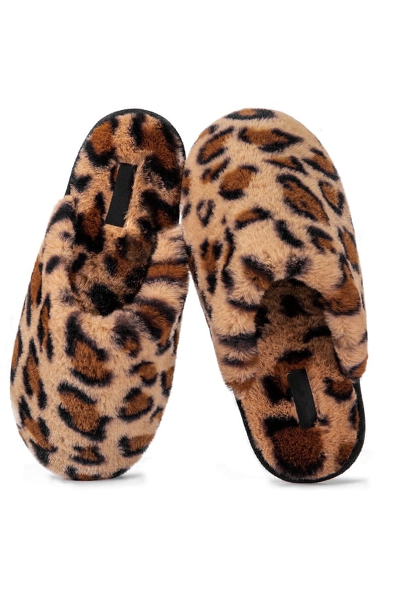 Women's Cozy Memory Foam Slip on Slippers Fluffy Lined House Shoes with Anti-Slip Indoor Outdoor, Leopard,7-8 US