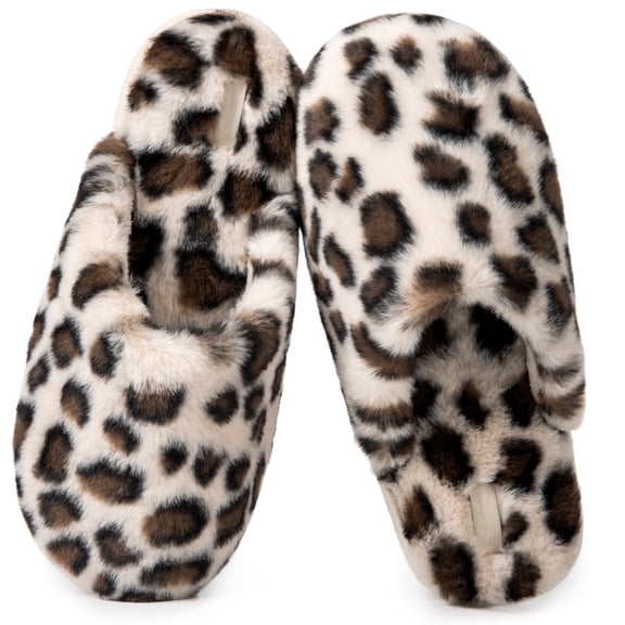 DualTop Women's Cozy Memory Foam Slip on Slippers Fluffy Lined House Shoes with Anti-Slip Indoor Outdoor, Leopard,7-8 US