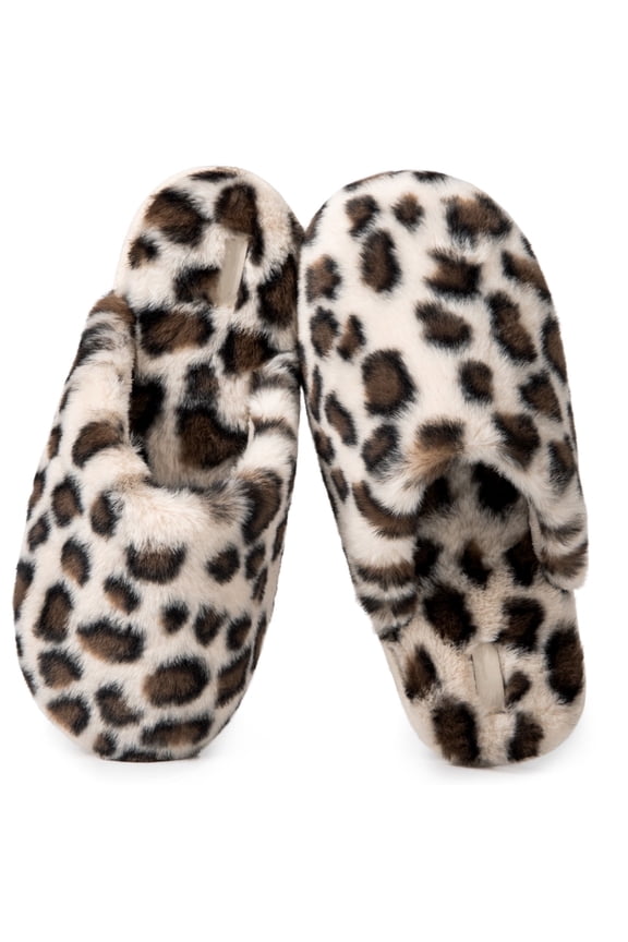 Women's Cozy Memory Foam Slip on Slippers Fluffy Lined House Shoes with Anti-Slip Indoor Outdoor, Leopard,5-6 US