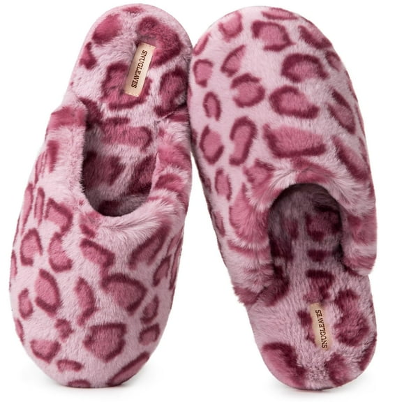 DualTop Women's Cozy Memory Foam Slip on Slippers Fluffy Lined House Shoes with Anti-Slip Indoor Outdoor, Leopard,9-10 US