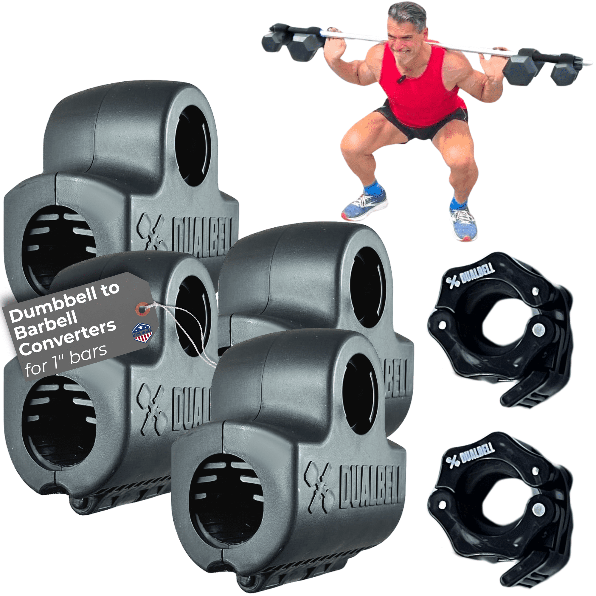 Dualbell Dumbbell Converters Superset w/Black Collars for 1" Bar- Dumbbells to Barbell Adapters