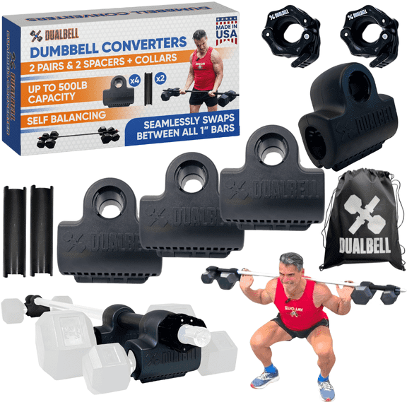Dualbell Dumbbell Converters Superset w/Black Collars for 1" Bar- Dumbbells to Barbell Adapters