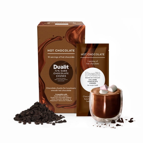 Dualit 72% Dark Chocolate Chunk Sachets - 10 Pack - 31g portions of pure chocolate chunks - Premium Belgian chocolate - Flakes for Hot Chocolate Makers & Milk Frothers