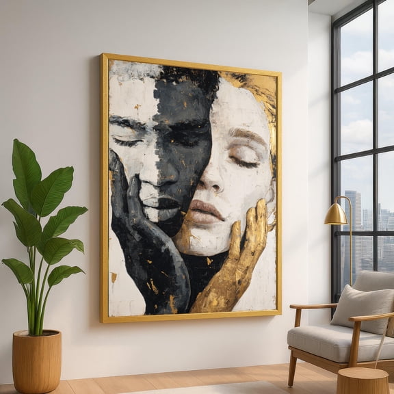 Duality Face Portrait, Abstract Black White Gold Wall Art, Emotional Expression, Modern Contemporary Art, Ready To Hang Decor UNFRAMED Poster, Wall Art for Decor, Present, 8x12