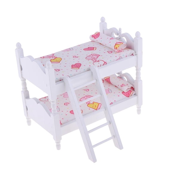 Dualoai 1/12 Dollhouse Miniature Pink Glove Printed Bunk Bed Bedroom Furniture Accessory