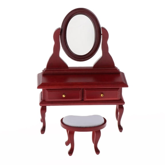 Dualoai 1/12 Dolls House Miniature Wooden Dressing Table Set Rotatable Stool Bedroom