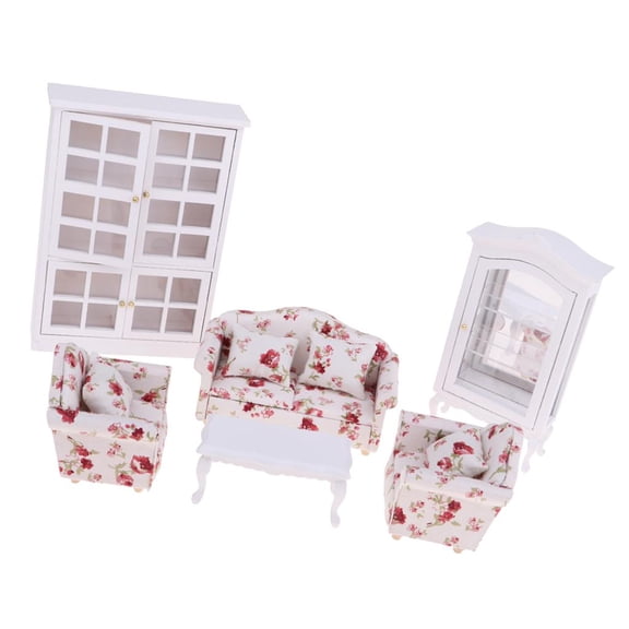 Dualoai 1:12 Dolls Room Accessory - Floral Sofa, End Table And Vertical Storage Cabinet