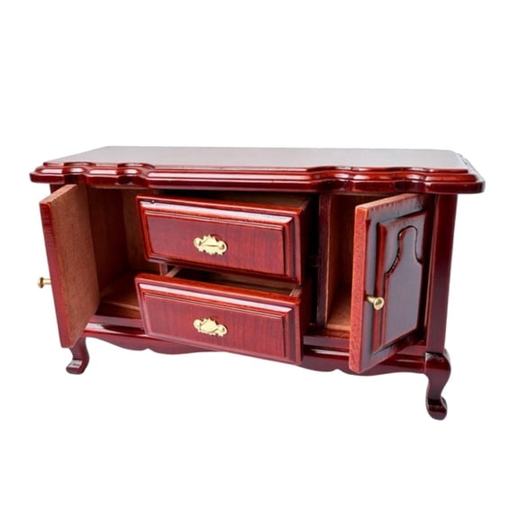 Dualoai 1/12 Scale Dollhouse Side Cabinet with Drawers Solid Wood Dolls House Decoration Retro Wooden Miniature Furniture for Bedside