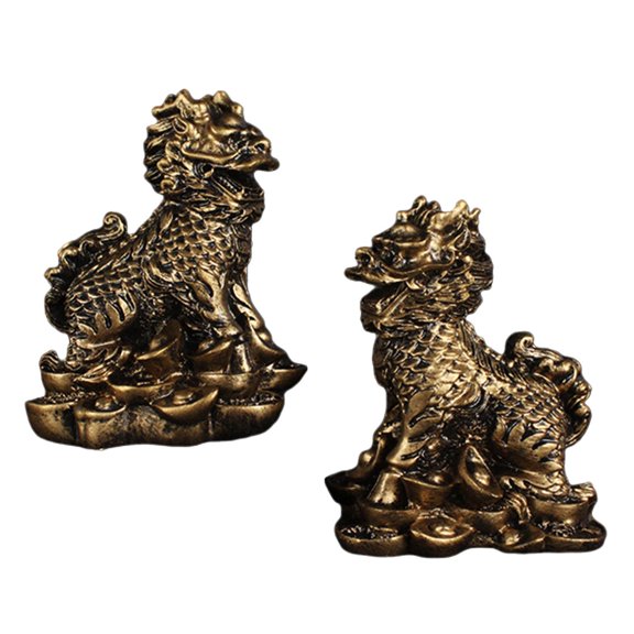 Dualoai 1 Pair Antique Fengshui Kylin Statue Home Decor Sculpture Gift Collection Copper Copper 5.5x7cm