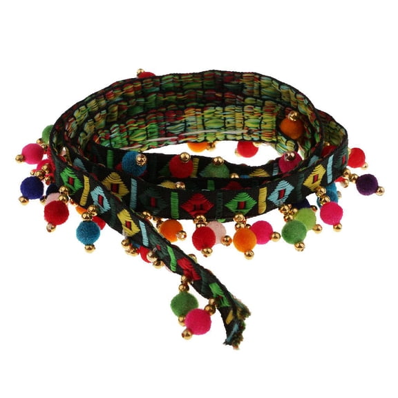 Dualoai 1 Yd Ethnic Style Colorful Pom Pom Ball Lace Tassel Ribbon Fringe Trim Black