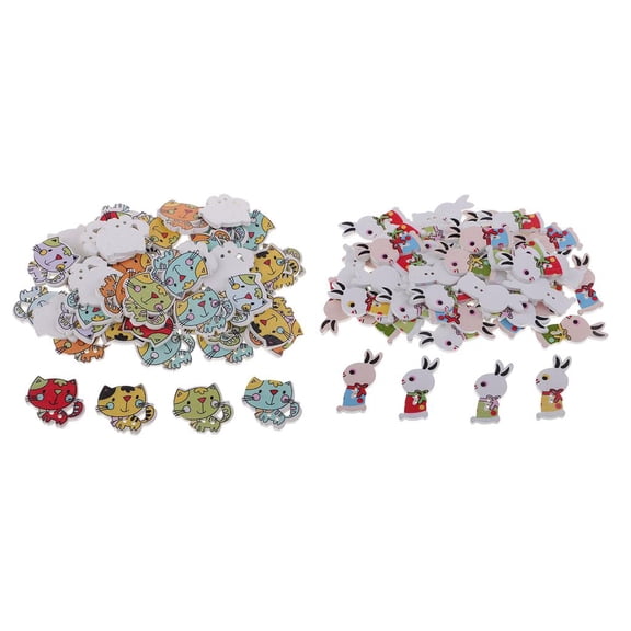 Dualoai 100pcs Cute Rabbit Cat 2 Holes Wooden Buttons DIY Crafts for Sewing Decor