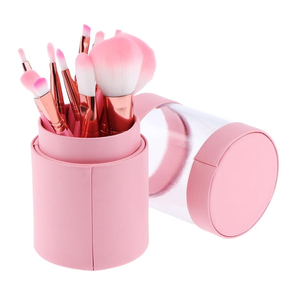 Dualoai 12 Pieces Blush Powder Brush Cosmetic Applicators Brush + Container Holder Pink