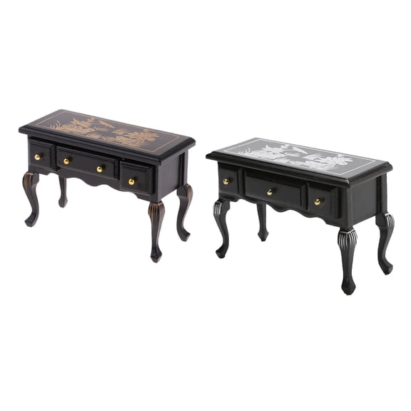 Dualoai 2 Pieces 1:12 Dollhouse Mini Table with Drawer Simulation Model Decoration