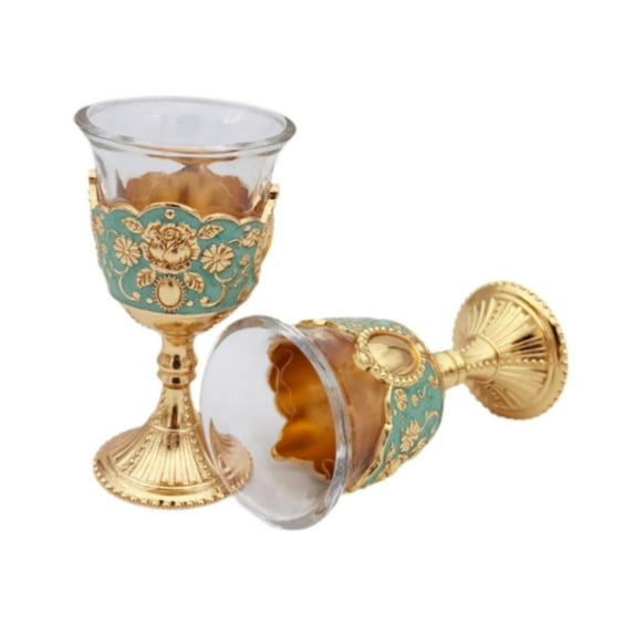 Dualoai 2 Pieces Embossed Cup Mini Goblet Reusable Portable European Toasting green and gold