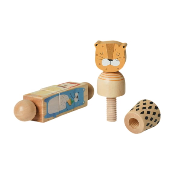 Dualoai 2 Pieces Wooden Twist Toy Brain Teaser Recognition Rotating Spin Twist Block Lion