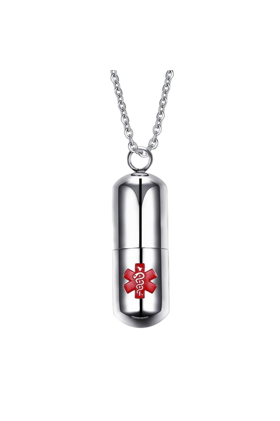 22 Inch Pill Shape Container Alert ID Pendant Necklace Chain Stainless Steel