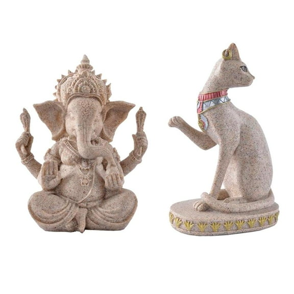 Dualoai 2Pc Sandstone Buddha Ganesh Egyptian Mau Statue Sculpture Figurine Decor