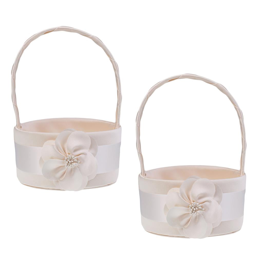 Dualoai 2pcs Flower Champagne Satin Basket Wedding Flower Girl Party Home Decoration