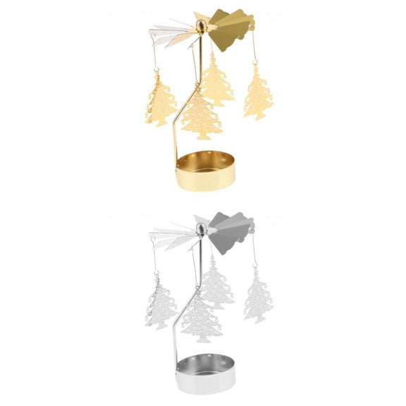 Dualoai 2x Metal Xmas Tree Shape Rotating Tea Light Candle Holder Decor-Silver+Gold