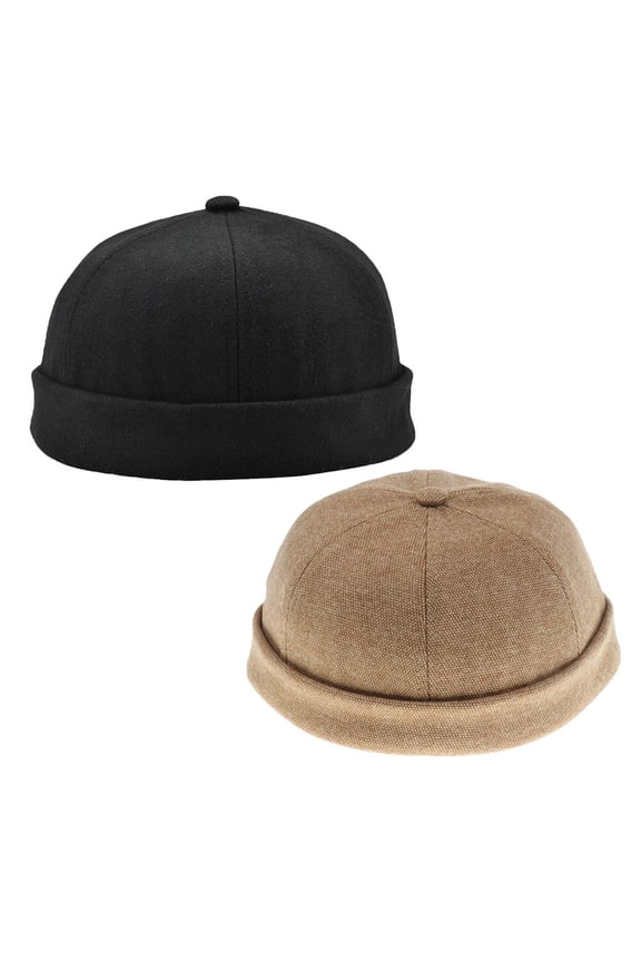 2x Retro Casual Docker Hat SkullCap Beanie Brimless Landlord Hat Black+Brown