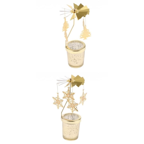 Dualoai 2x Rotatingg Carrousel Tea Light Candle Holder Decor Golden