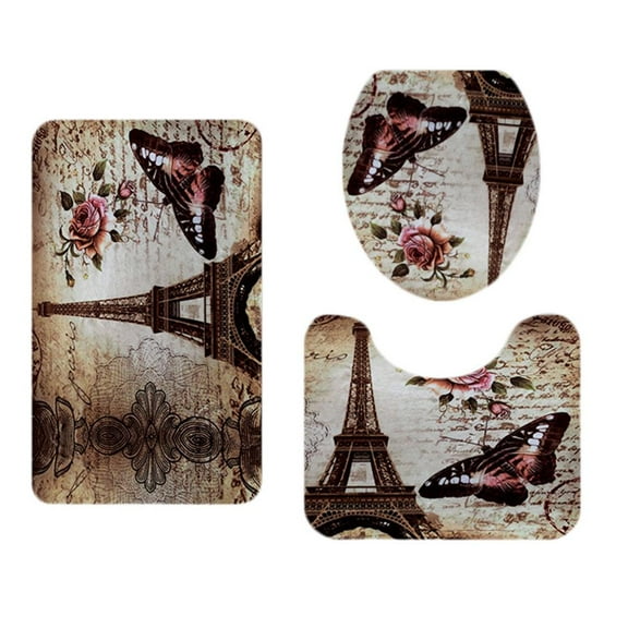 Dualoai 3 Pcs Bathroom Landscape Pattern Toilet Lid Cover Pedestal Mat Eiffel Tower
