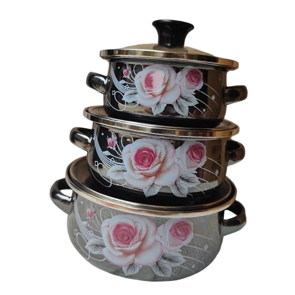 Dualoai 3Pcs Enamel Stockpots Cooker Enamel Mini Pots Set for Dining Household Hotel