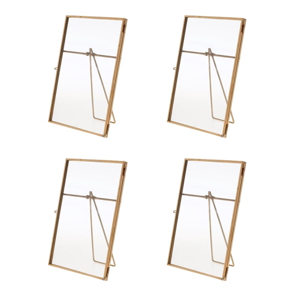 Dualoai 4 Pcs Antique Gold Brass and Glass, Metal Floating Desk Photo Frame, with Locket