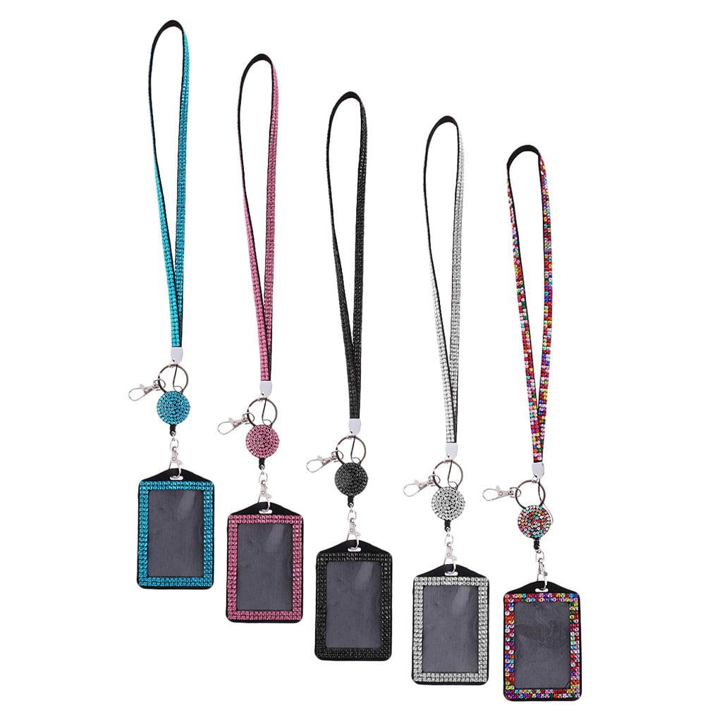 Dualoai 5 Lot Mixed Colors Rhinestone LANYARD with Retractable Reel ID Badge Holder
