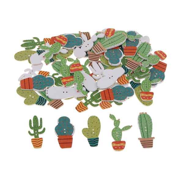 Dualoai 50pcs 2 Holes Wooden Buttons Decorative Buttons Cute Cartoon Cactus Mixed 50Pcs Bactus Buttons