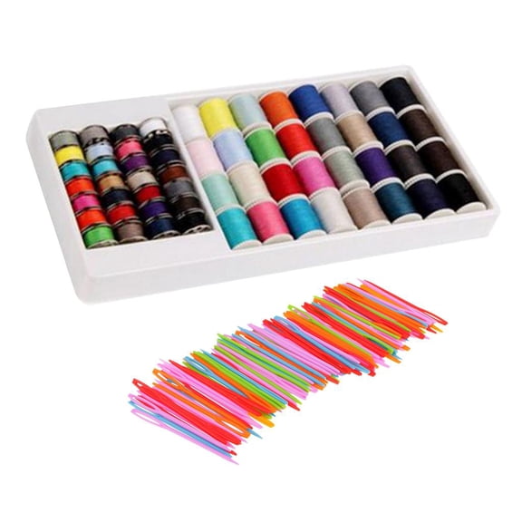 Dualoai 6Pcs Polyester Sewing Threads Lots & 1Pcs Plastic Weaving Needles Crafts