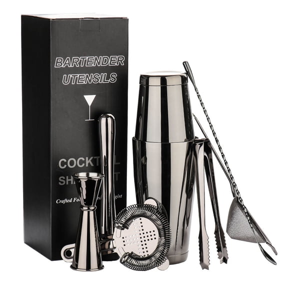 Dualoai 8x Stainless Steel Cocktail Shaker Mixer Drink Bartender Tools Bar Set Black