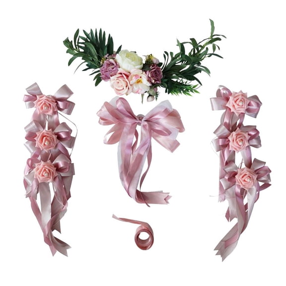 Dualoai 9pcs Wedding Car Decorations Kit DIY Artificial Silk Flower Ribbon Bows Ties Set Dusty Pink