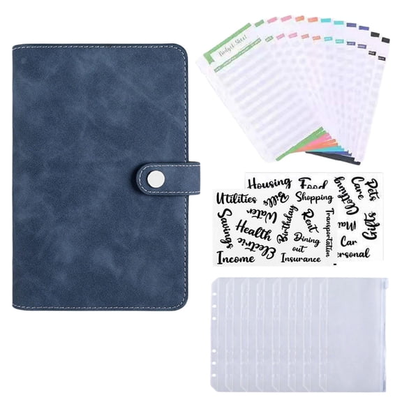Dualoai A6 Envelopes Binder Wallet, PU Leather Budget Planner Notebook with 8Pcs Zipper Blue