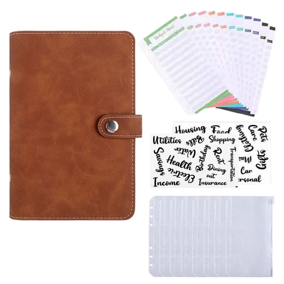 Dualoai A6 Envelopes Binder Wallet, PU Leather Budget Planner Notebook with 8Pcs Zipper Brown