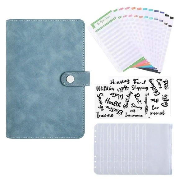 Dualoai A6 Envelopes Binder Wallet, PU Leather Budget Planner Notebook with 8Pcs Zipper Lake Blue