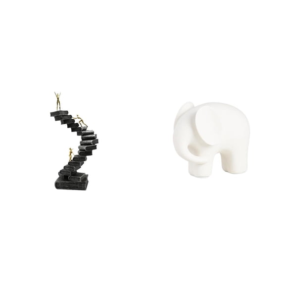 Dualoai Abstract Resin Thinker Ladder Statue and Ceramic Elephant Animal Sculpture Figurine Collection for Bookshelf Tabletop Decorative Handicraft