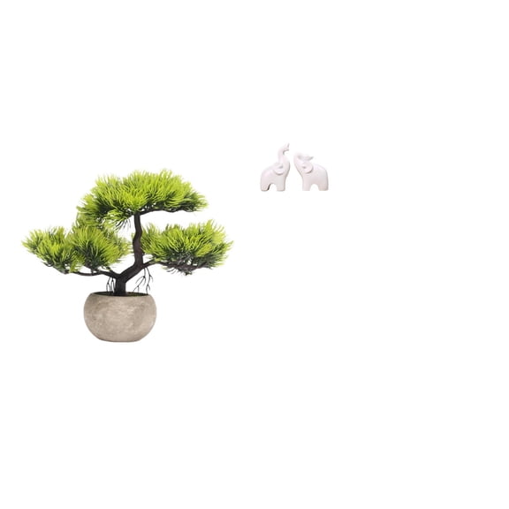 Dualoai Artificial Bonsai Tree Greenery Collection with Faux Plant Pot And Elephant Sculptures Ornaments Unique Tabletop Decoration for Home Office Bedroom