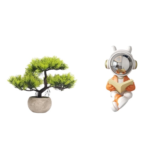 Dualoai Artificial Bonsai Tree Greenery Collection with Faux Plant Pot And Space Ornament Astronaut Sculpture for Table Centerpiece Decor