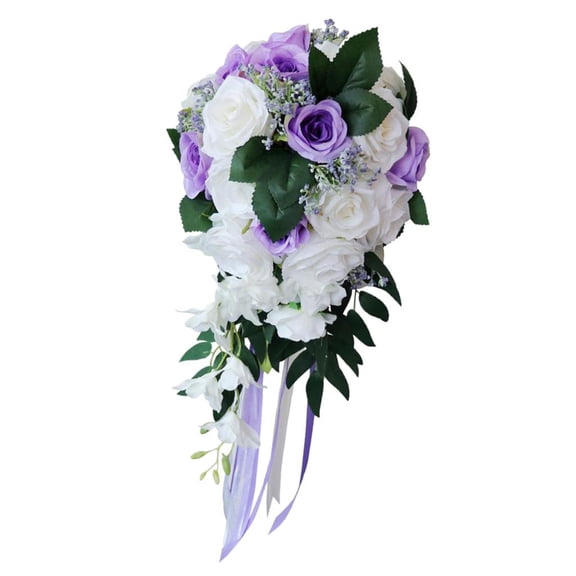 Dualoai Artificial Bridal Wedding Bouquets Teardrop Shape, Home Decor, Book Store, Decor White Purple